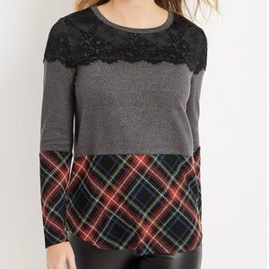 NWOT  Maurices Lace Trim Plaid Color Block Mixer Gray Black Hi/Low Top.  Sz XS